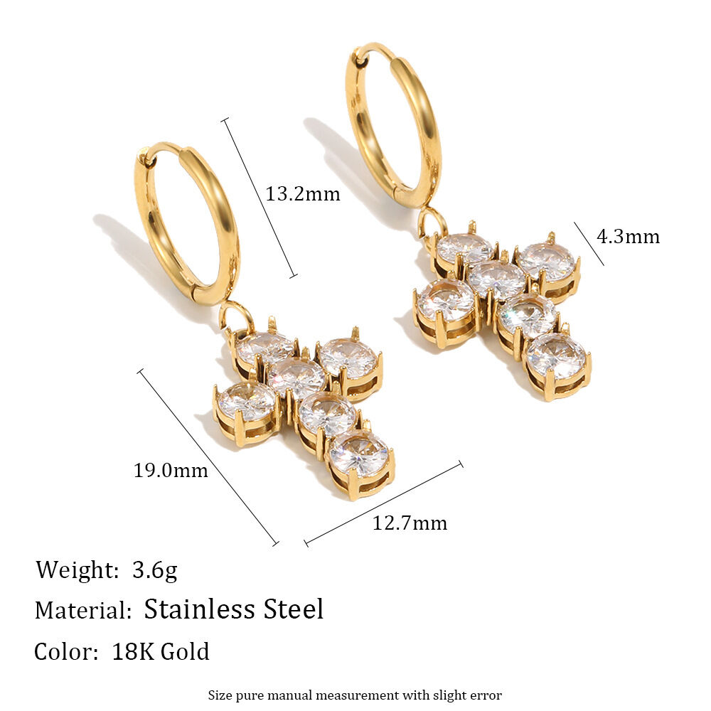 Simple Cross Stainless Steel Waterproof Gold Color Zircon Women's Drop Earrings thumbnail 2