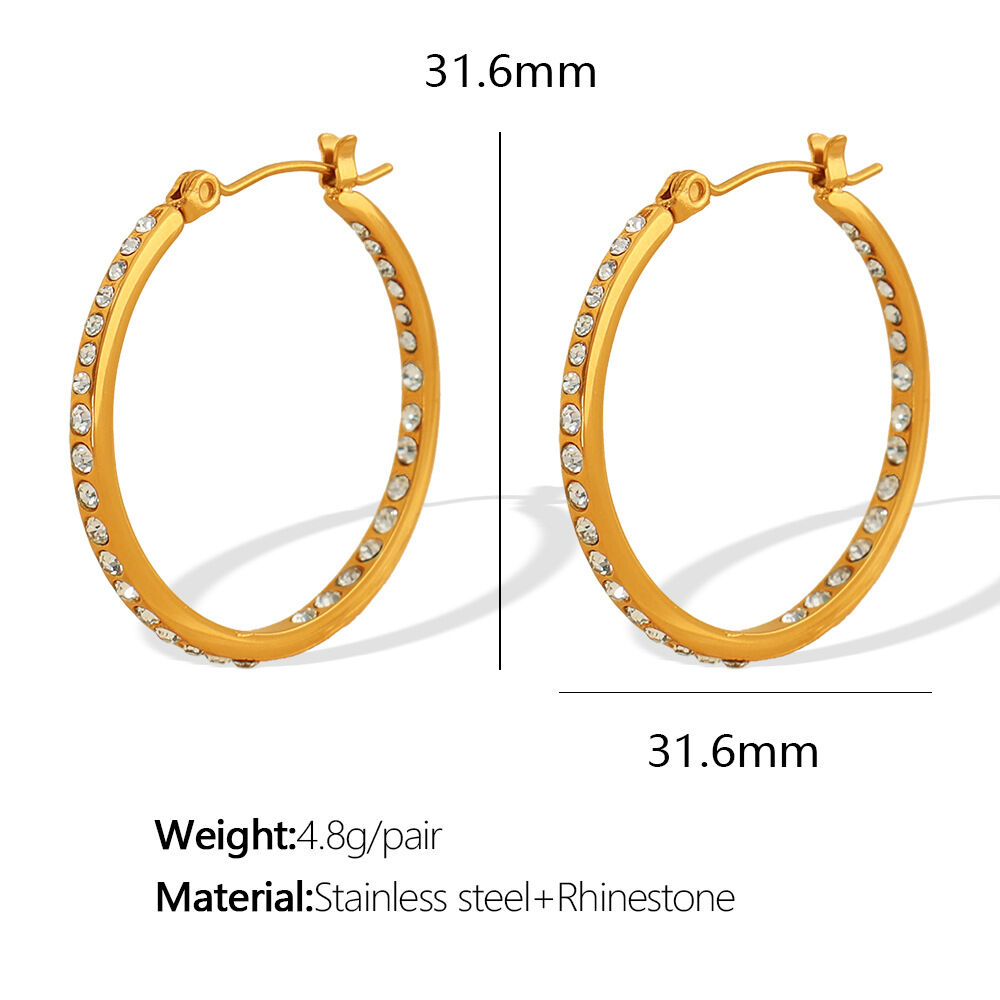 1 pair simple series retro geometric stainless steel  gold plated rhinestone women hoop earrings