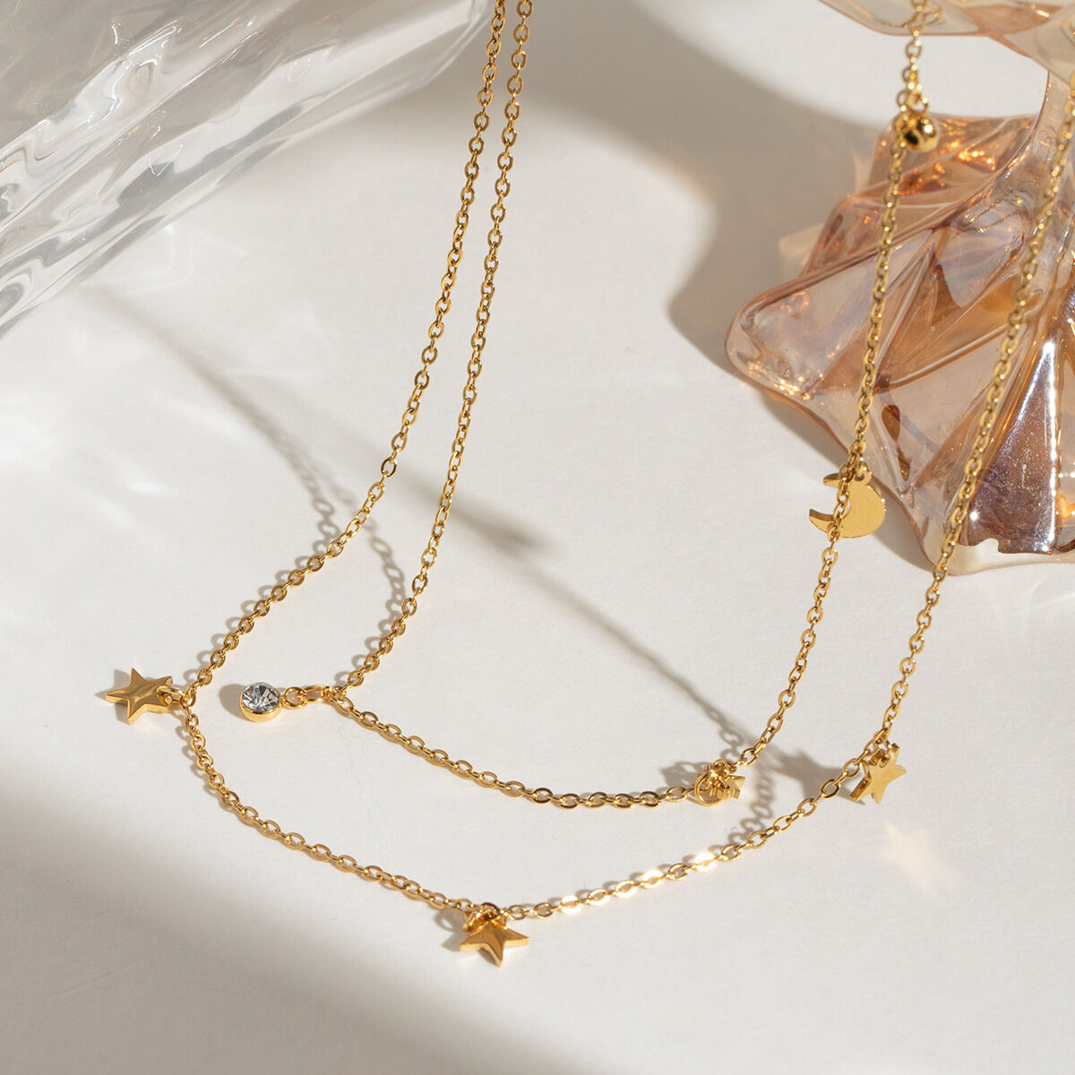 1 piece simple series elegant sun/moon stainless steel  gold plated rhinestone women layered necklaces