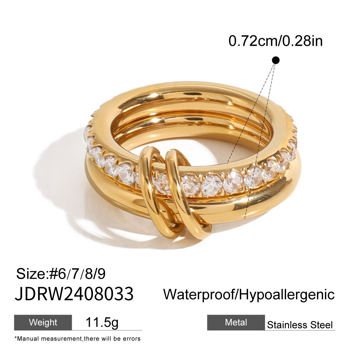 1 Piece Classic Stainless Steel Waterproof Gold Color Zircon Gemstone Ring