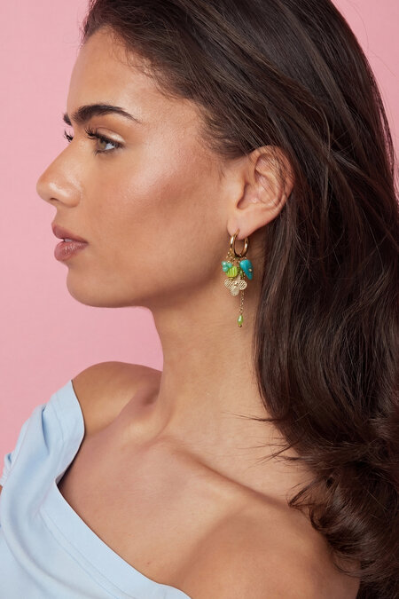 Earrings with hanging charm, charms and necklace with bead