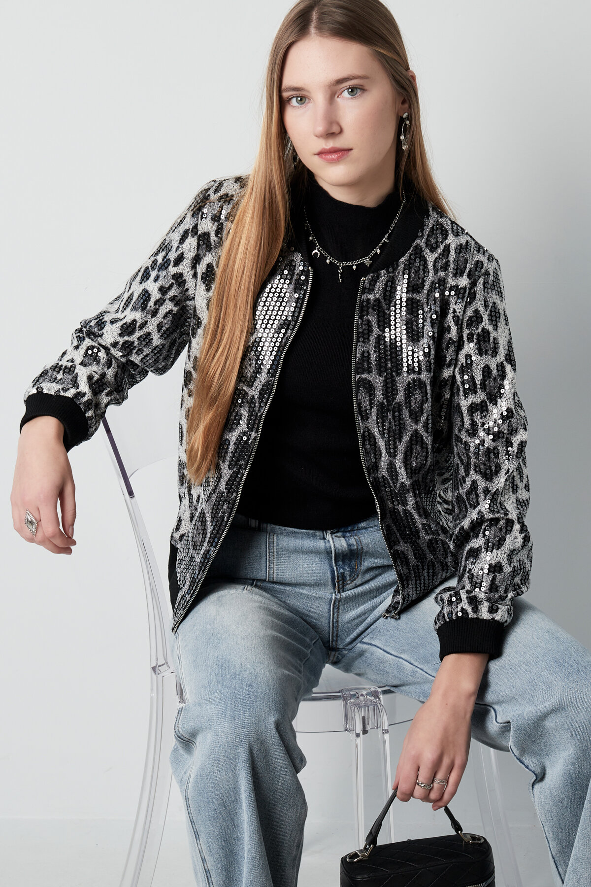 Polyester Women's Bomber Jacket Leopard Print Sequin Embellished thumbnail 5