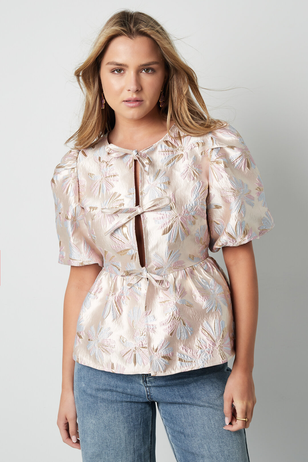 Woven Polyester Fiber Women's Short Sleeve Top Elegant Floral Print Picture4