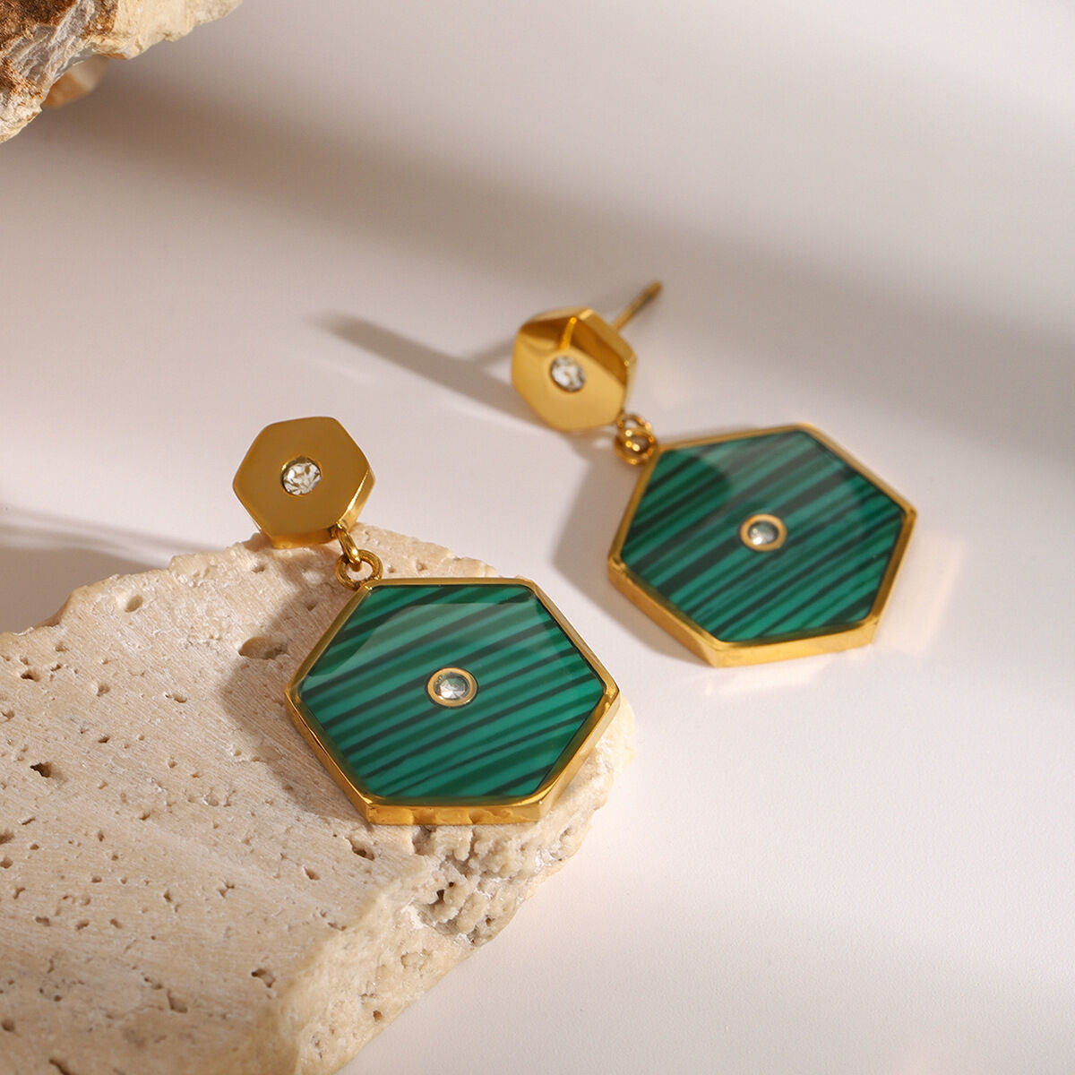 1 pair simple series elegant hexagon stainless steel  gold plated rhinestone women drop earrings thumbnail 7