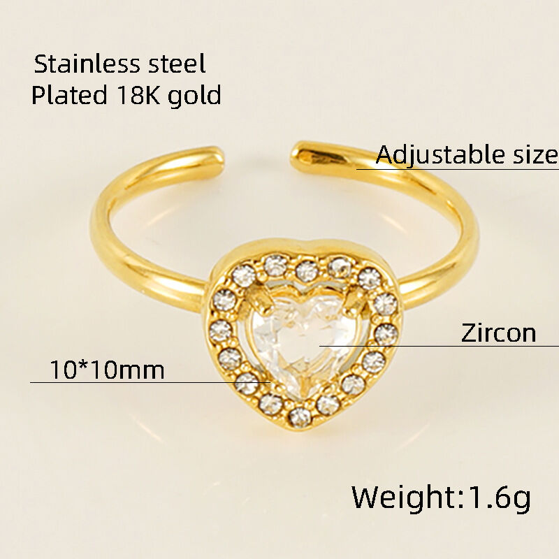 Heart Stainless Steel Waterproof Gold Color Gemstone Rings thumbnail 2