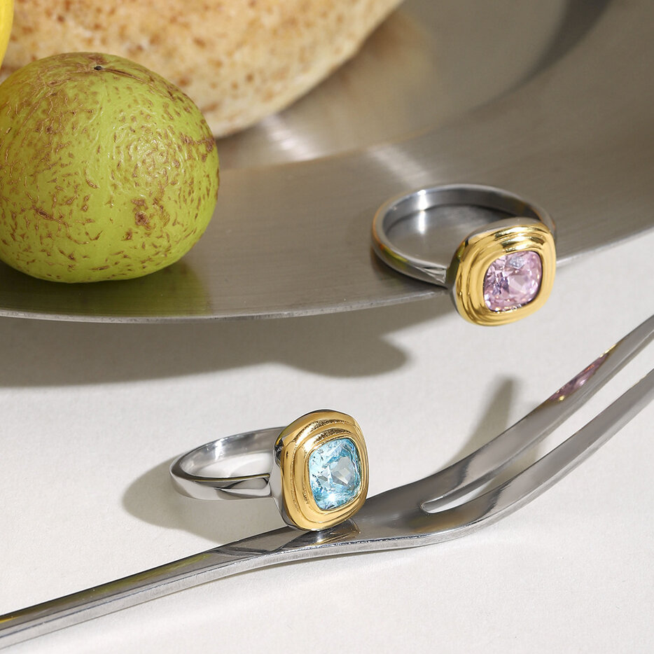 Simple Stainless Steel Waterproof Gold Color Gemstone Rings thumbnail 5