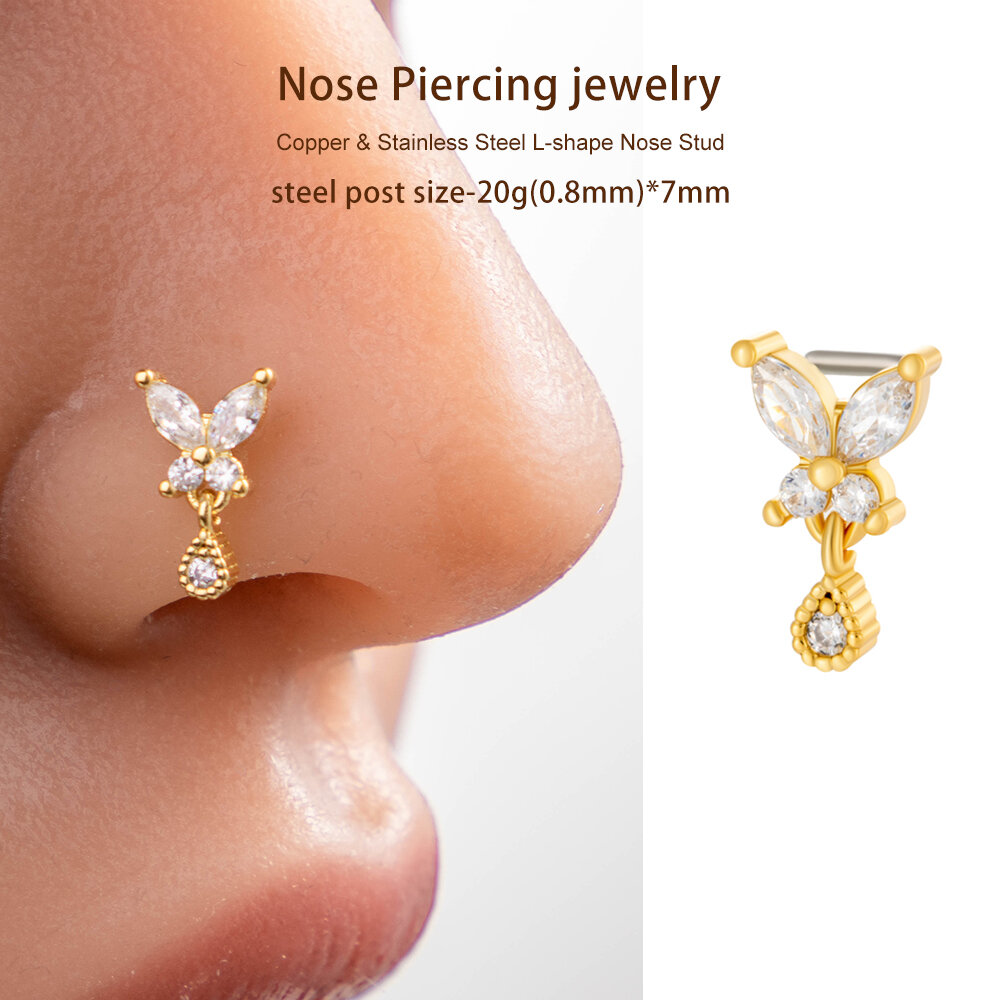 1 Piece Butterfly Copper Gold Color Zircon Women's Nose Stud thumbnail 5