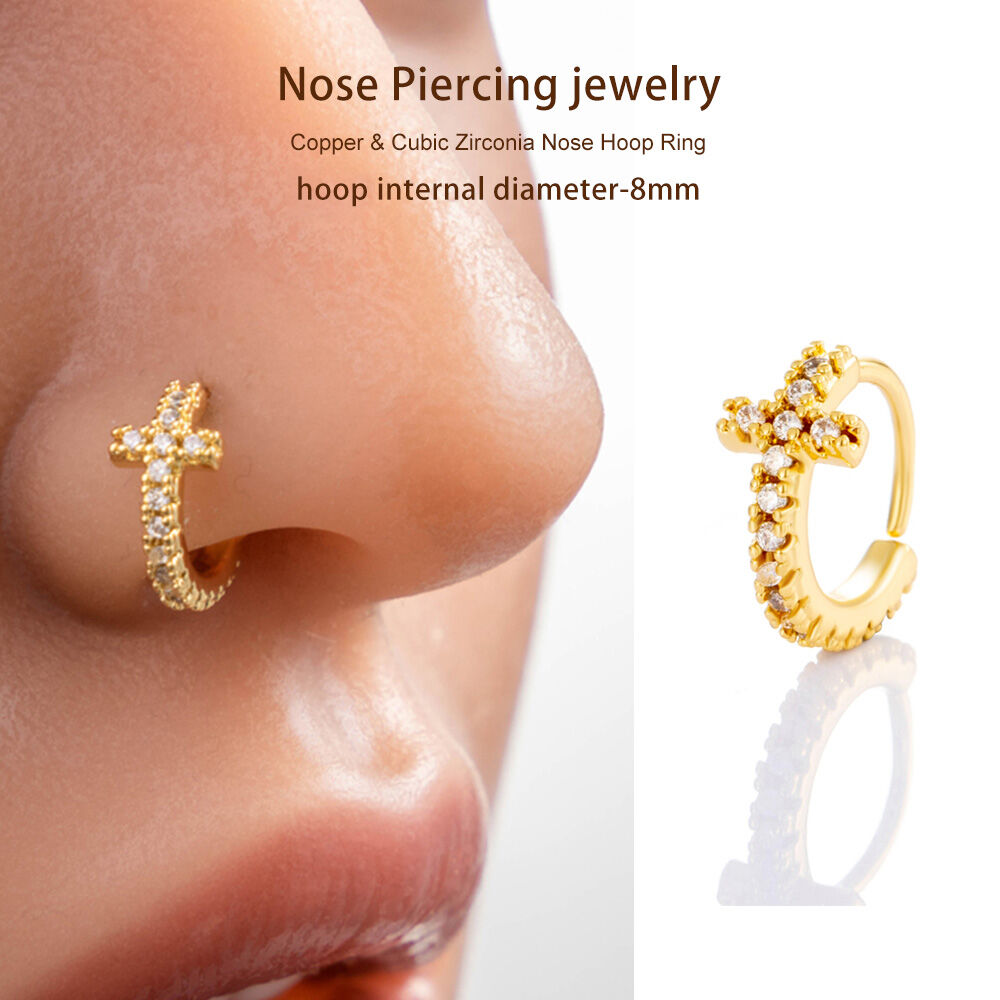 1 Piece Delicate Cross Copper Gold Color Zircon Women's Nose Stud thumbnail 6