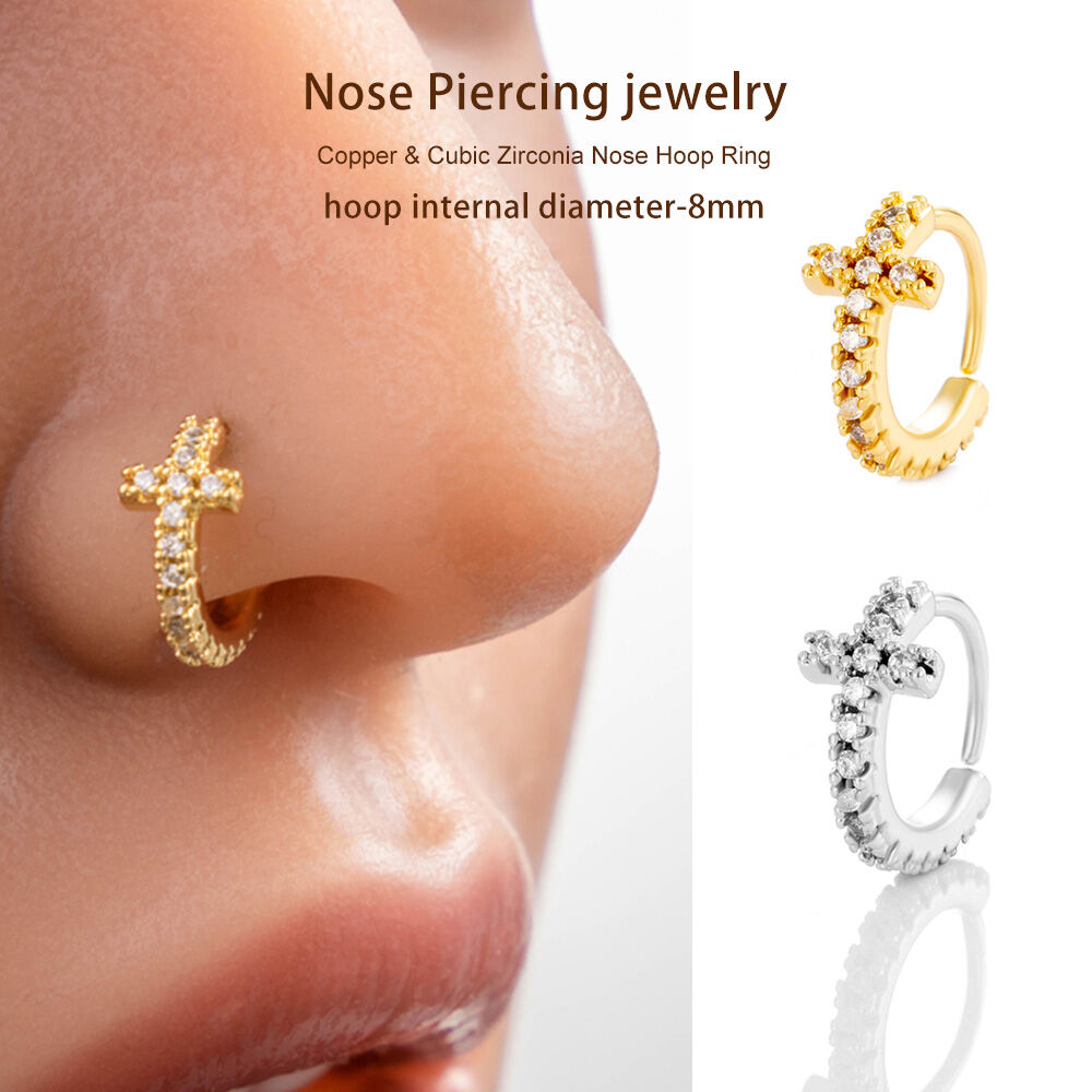 1 Piece Delicate Cross Copper Gold Color Zircon Women's Nose Stud thumbnail 3