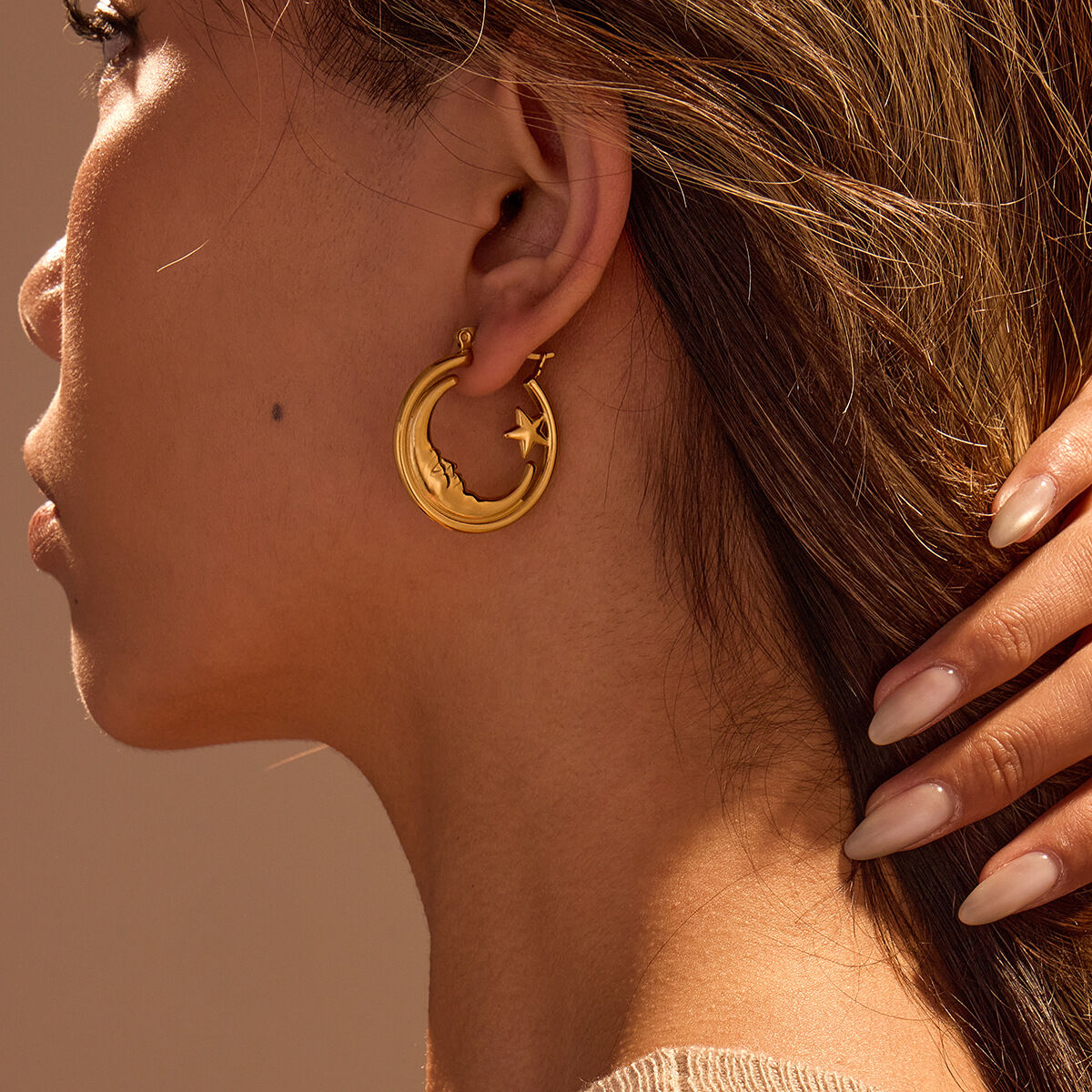 Simple Sun/Moon Stainless Steel Waterproof  Women's Hoop Earrings