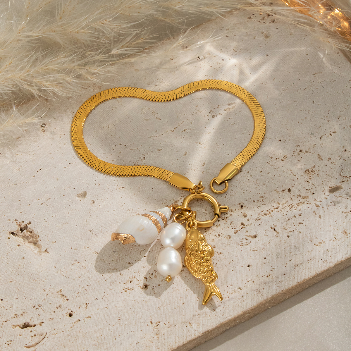 1 Piece  Casual Fish Stainless Steel Waterproof  Gold Color Women's Beaded Bracelets thumbnail 5