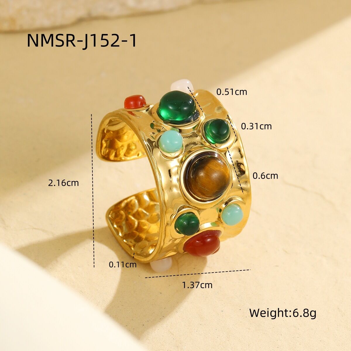 1 Piece Natural Stone Stainless Steel  Gold Color  Gemstone Ring - 1