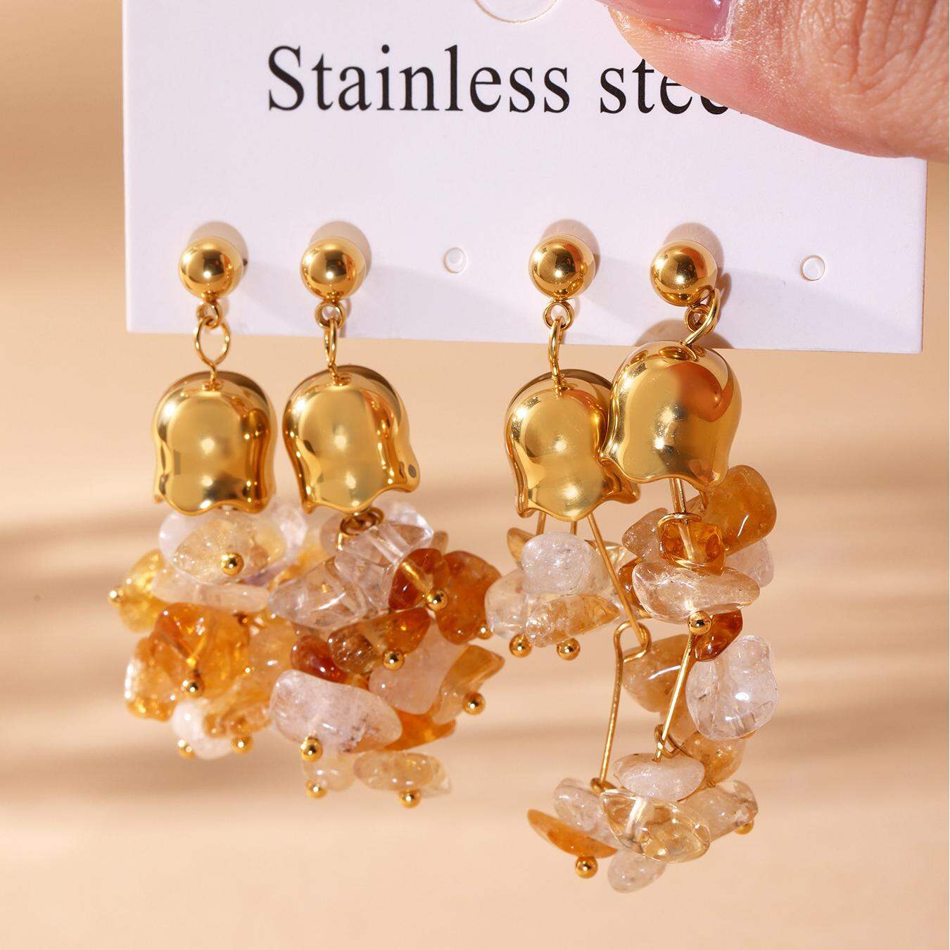 1 Pair Natural Stone Tassel Stainless Steel Waterproof Gold Color Women's Beads Earrings thumbnail 6
