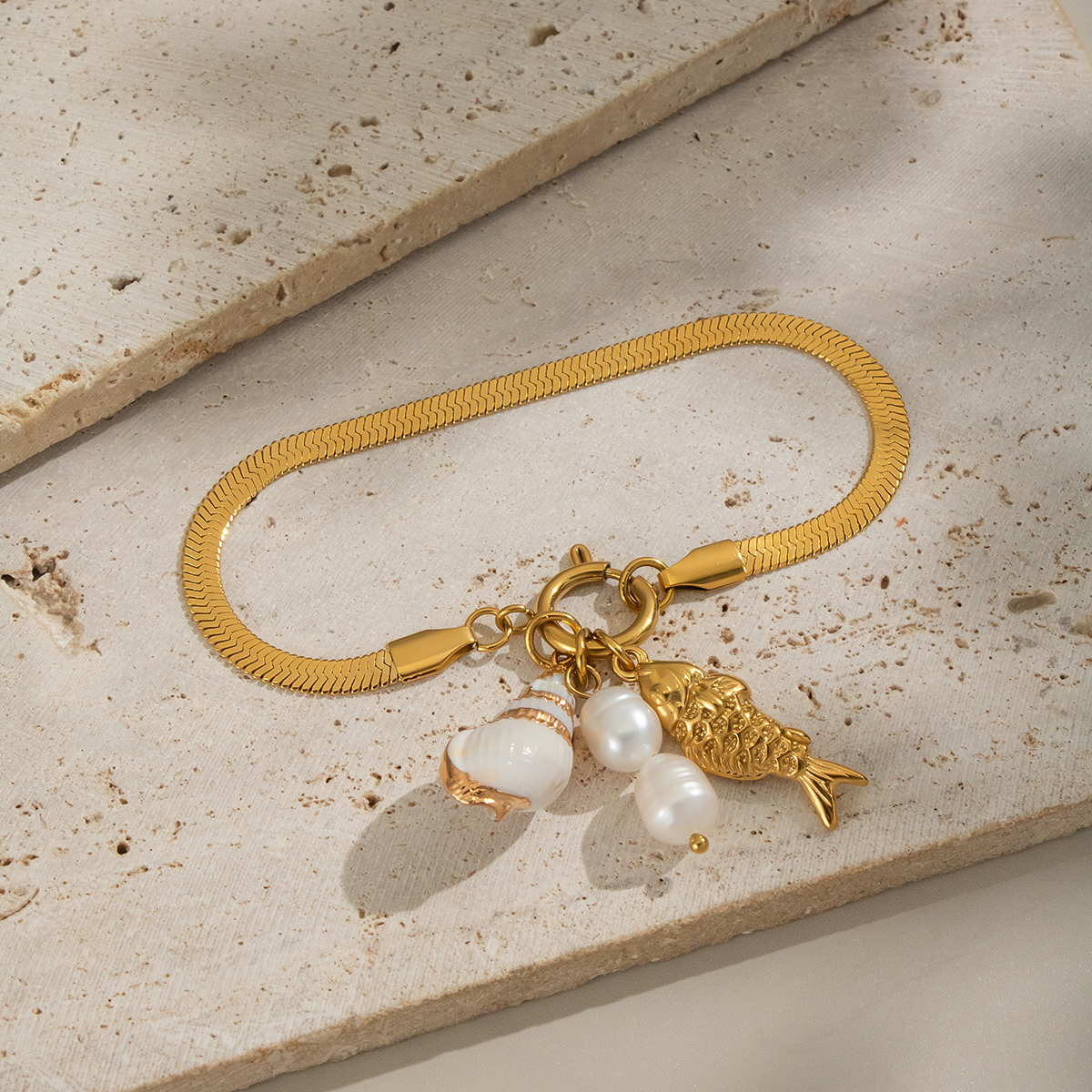 1 Piece  Casual Fish Stainless Steel Waterproof  Gold Color Women's Beaded Bracelets thumbnail 2