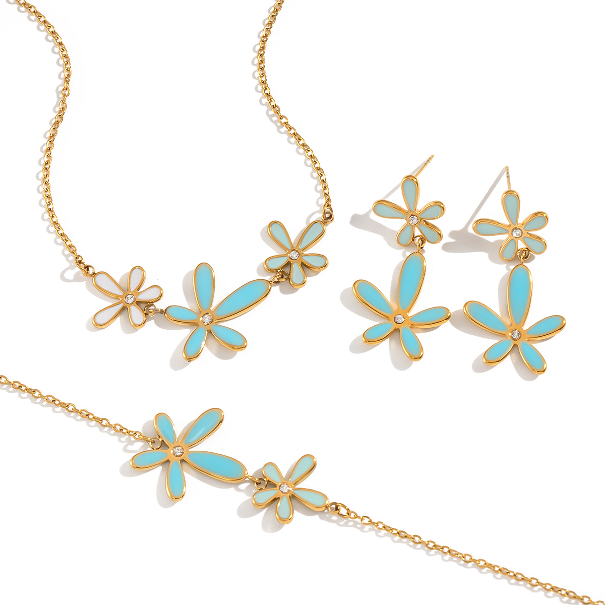 Romantic Series Elegant Flower Stainless Steel Waterproof Gold Color Rhinestone Necklace Set thumbnail 7