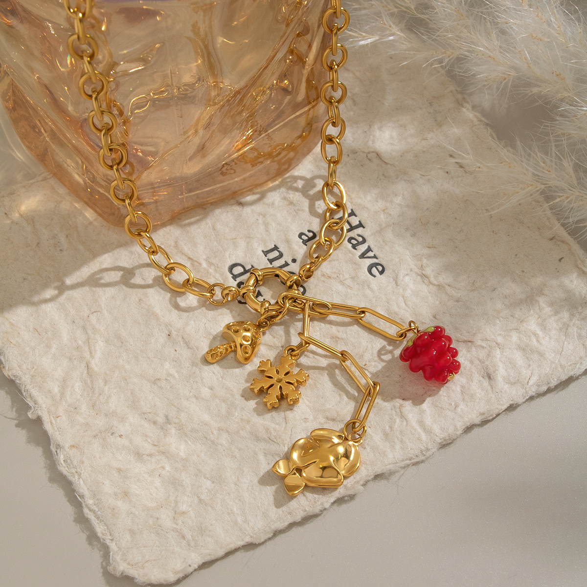 Romantic Flower Grape Stainless Steel Waterproof Gold Color Necklace Set thumbnail 5