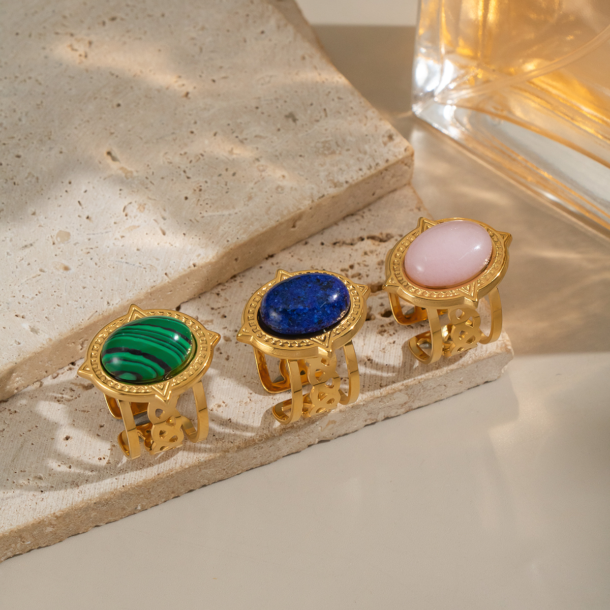 1 Piece Retro Strip Oval Lines Stainless Steel Waterproof Gold Color Natural Stone Women's Gemstone Rings thumbnail 3