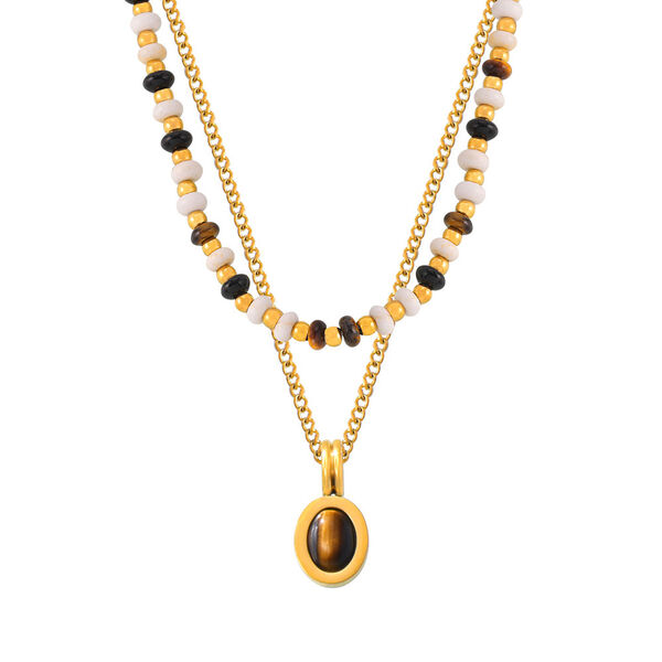 1 Piece Classic Oval Natural Stone Stainless Steel Waterproof Gold Color Women's Beaded Necklaces - 1