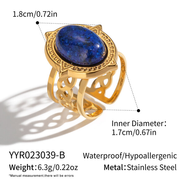 1 Piece Retro Strip Oval Lines Stainless Steel Waterproof Gold Color Natural Stone Women's Gemstone Rings - 1