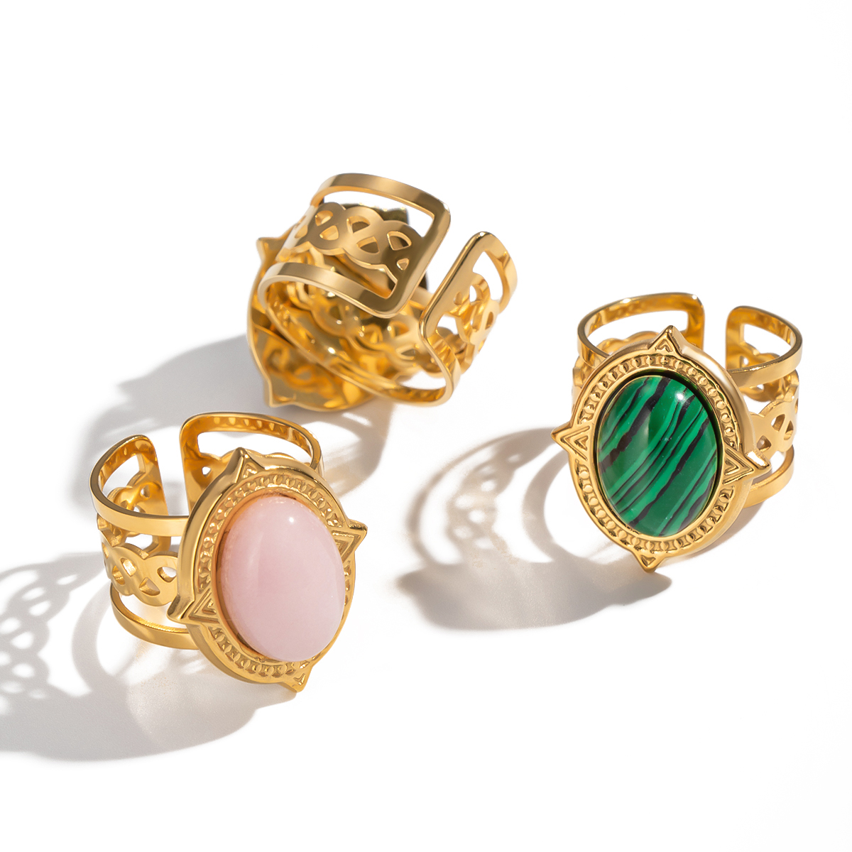 1 Piece Retro Strip Oval Lines Stainless Steel Waterproof Gold Color Natural Stone Women's Gemstone Rings thumbnail 6