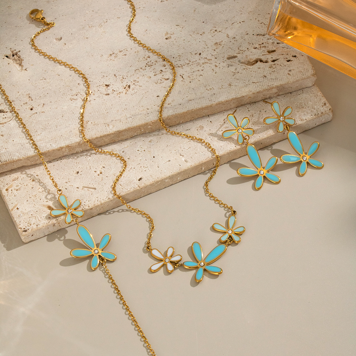 Romantic Series Elegant Flower Stainless Steel Waterproof Gold Color Rhinestone Necklace Set thumbnail 3