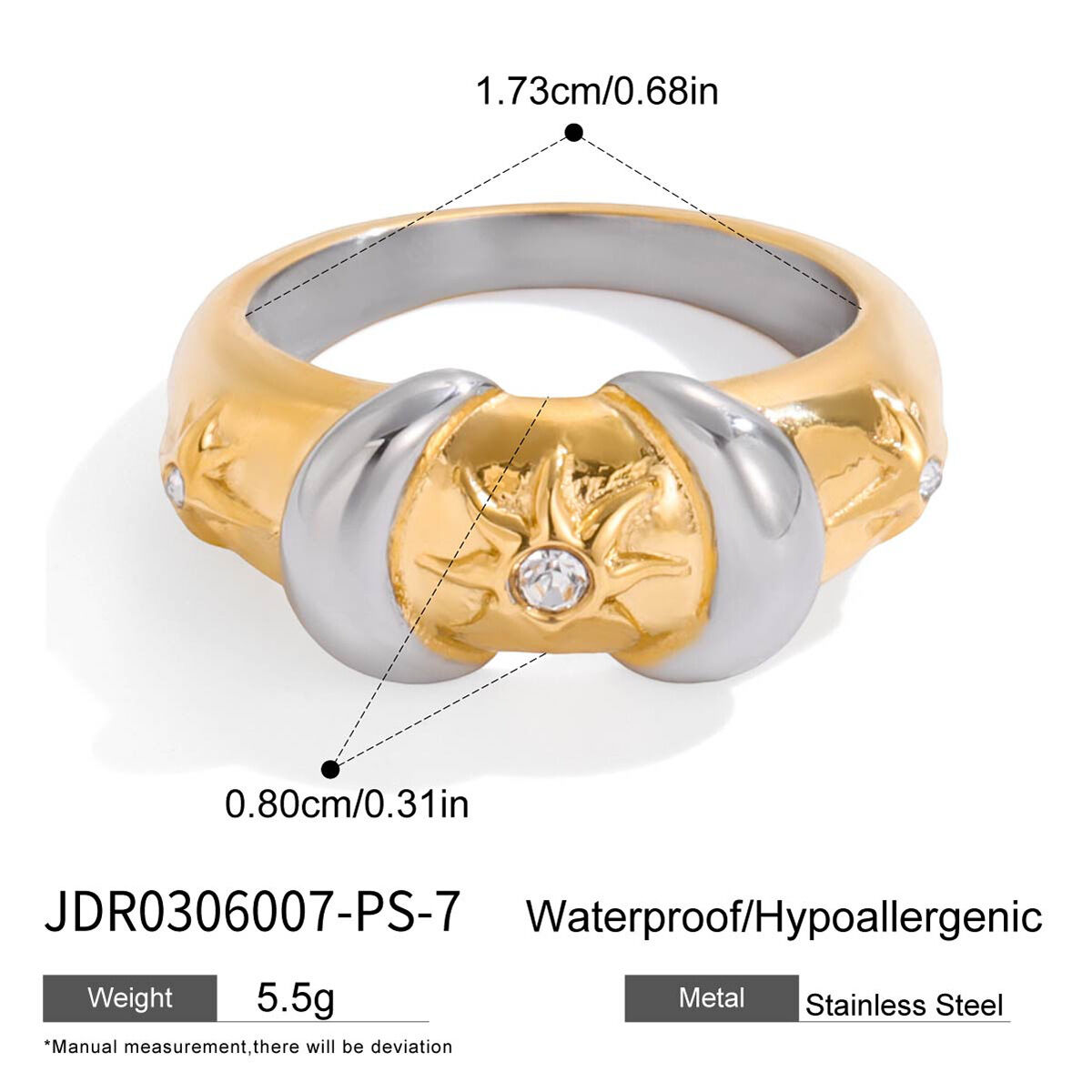 1 Piece Delicate Sun&Moon Stainless Steel Waterproof Gold Color Zircon Women's Gemstone Rings