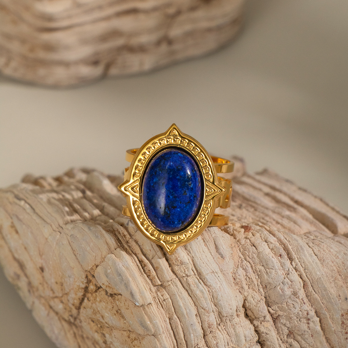 1 Piece Retro Strip Oval Lines Stainless Steel Waterproof Gold Color Natural Stone Women's Gemstone Rings thumbnail 5