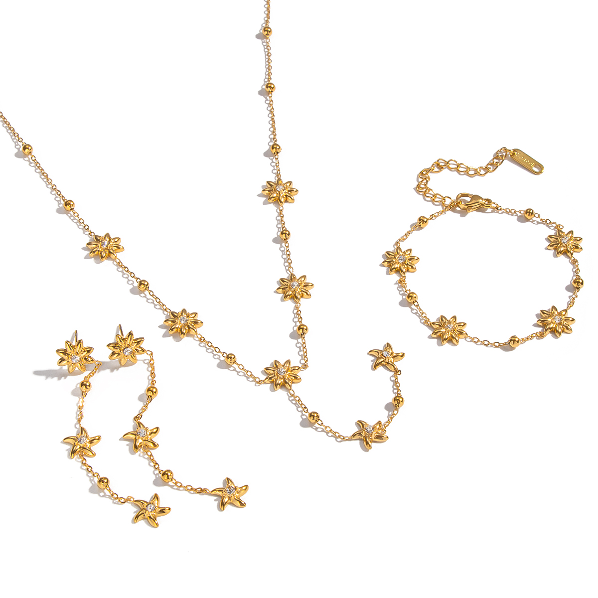 Flower Stainless Steel Waterproof  Gold Color Necklace Set thumbnail 6