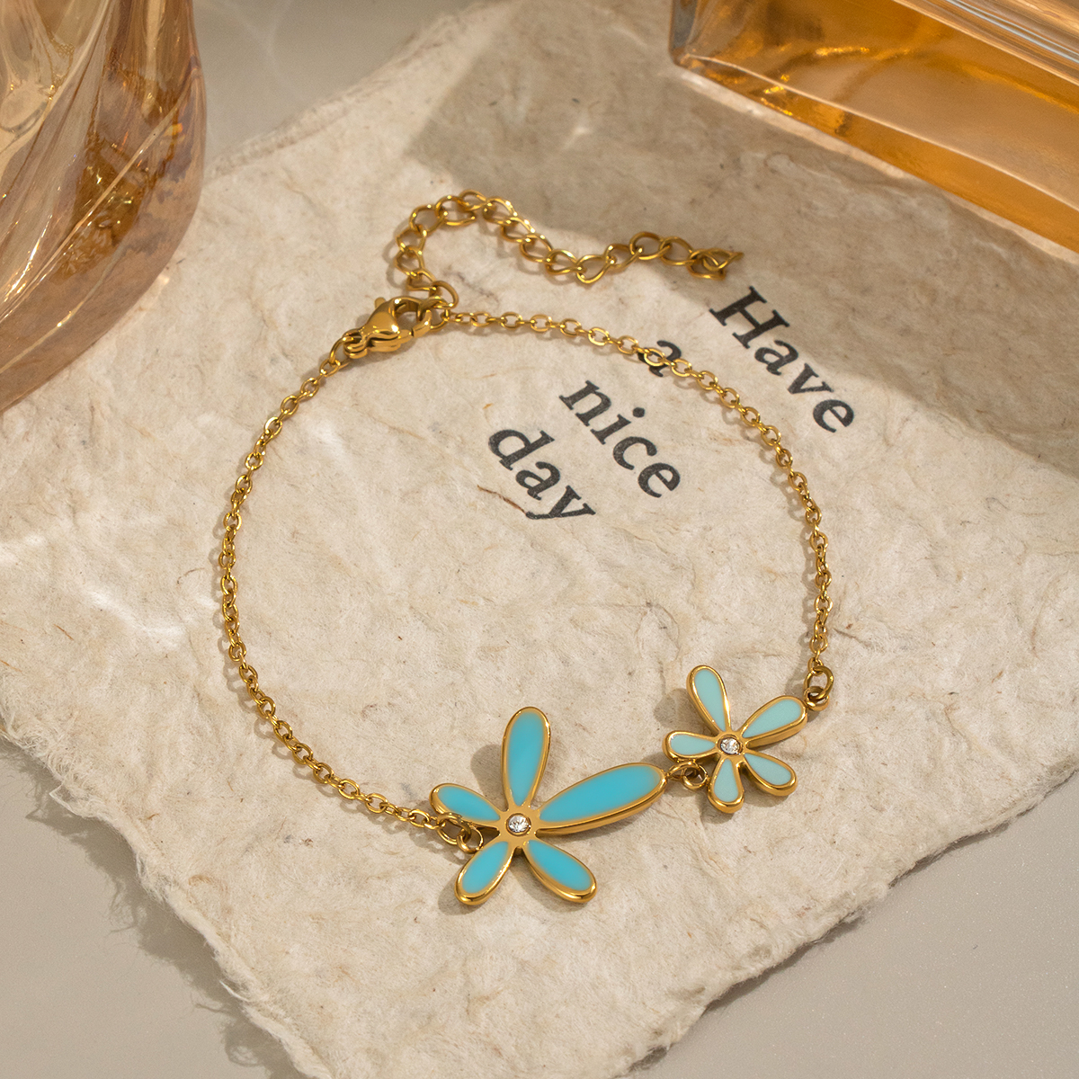 Romantic Series Elegant Flower Stainless Steel Waterproof Gold Color Rhinestone Necklace Set thumbnail 4