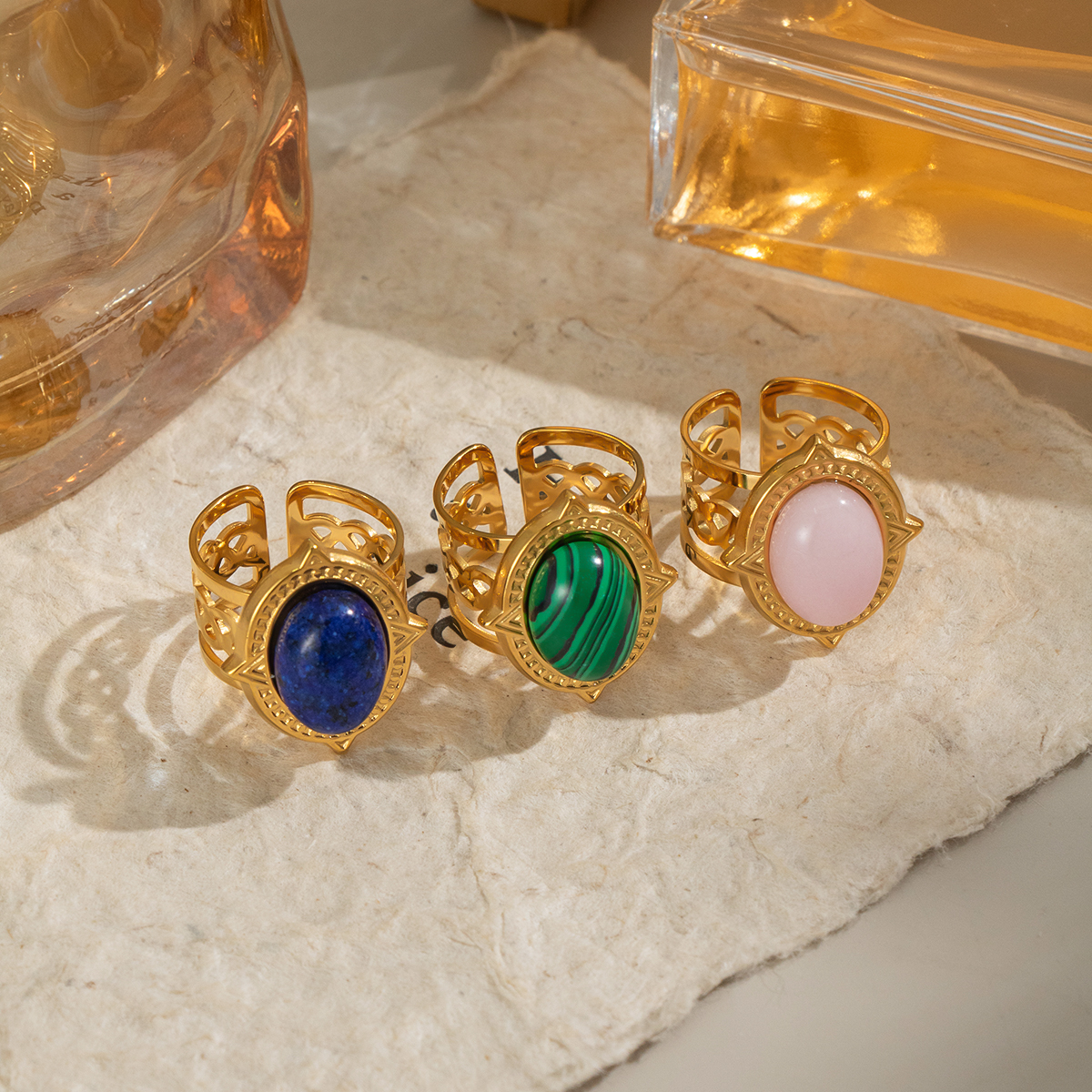 1 Piece Retro Strip Oval Lines Stainless Steel Waterproof Gold Color Natural Stone Women's Gemstone Rings thumbnail 2