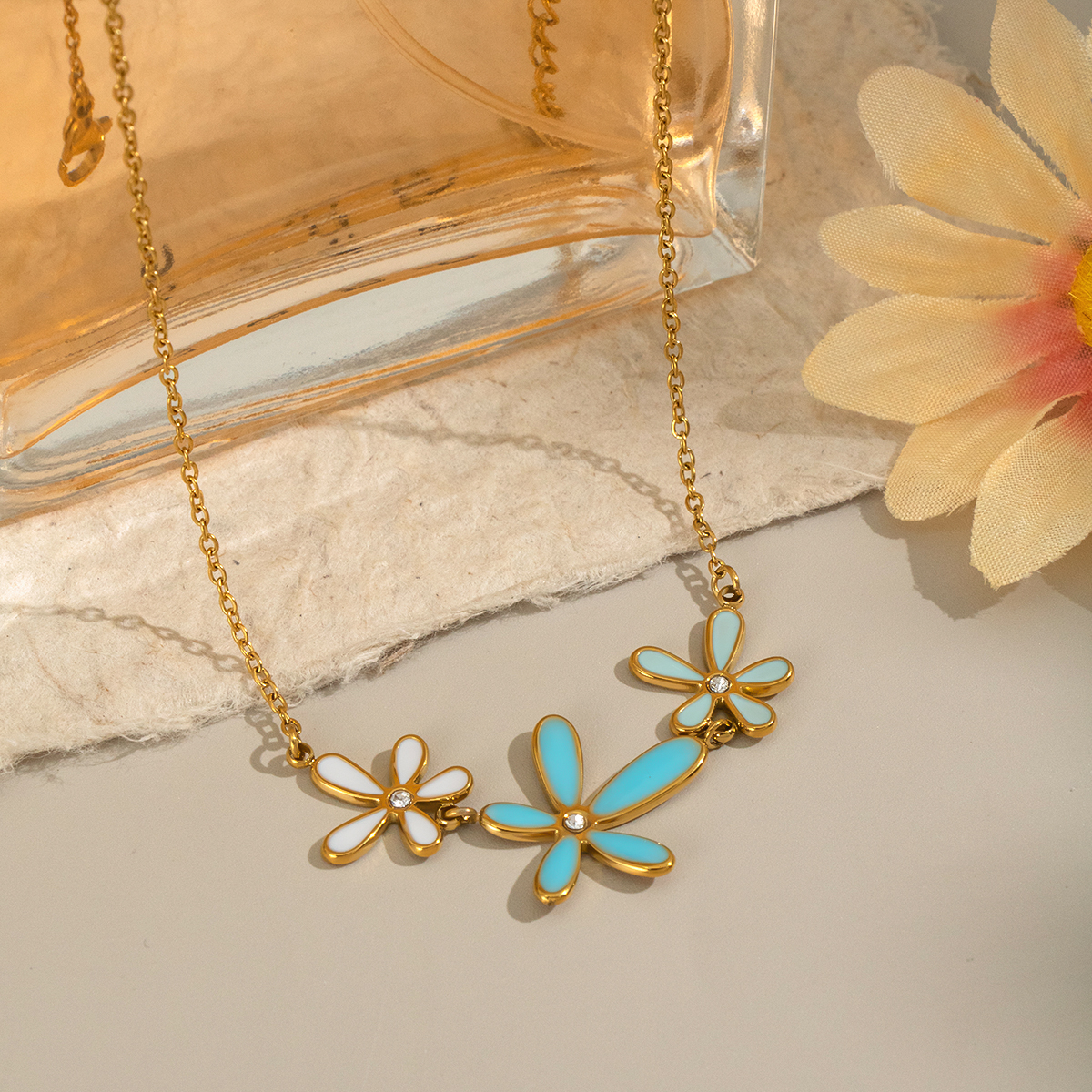 Romantic Series Elegant Flower Stainless Steel Waterproof Gold Color Rhinestone Necklace Set thumbnail 6