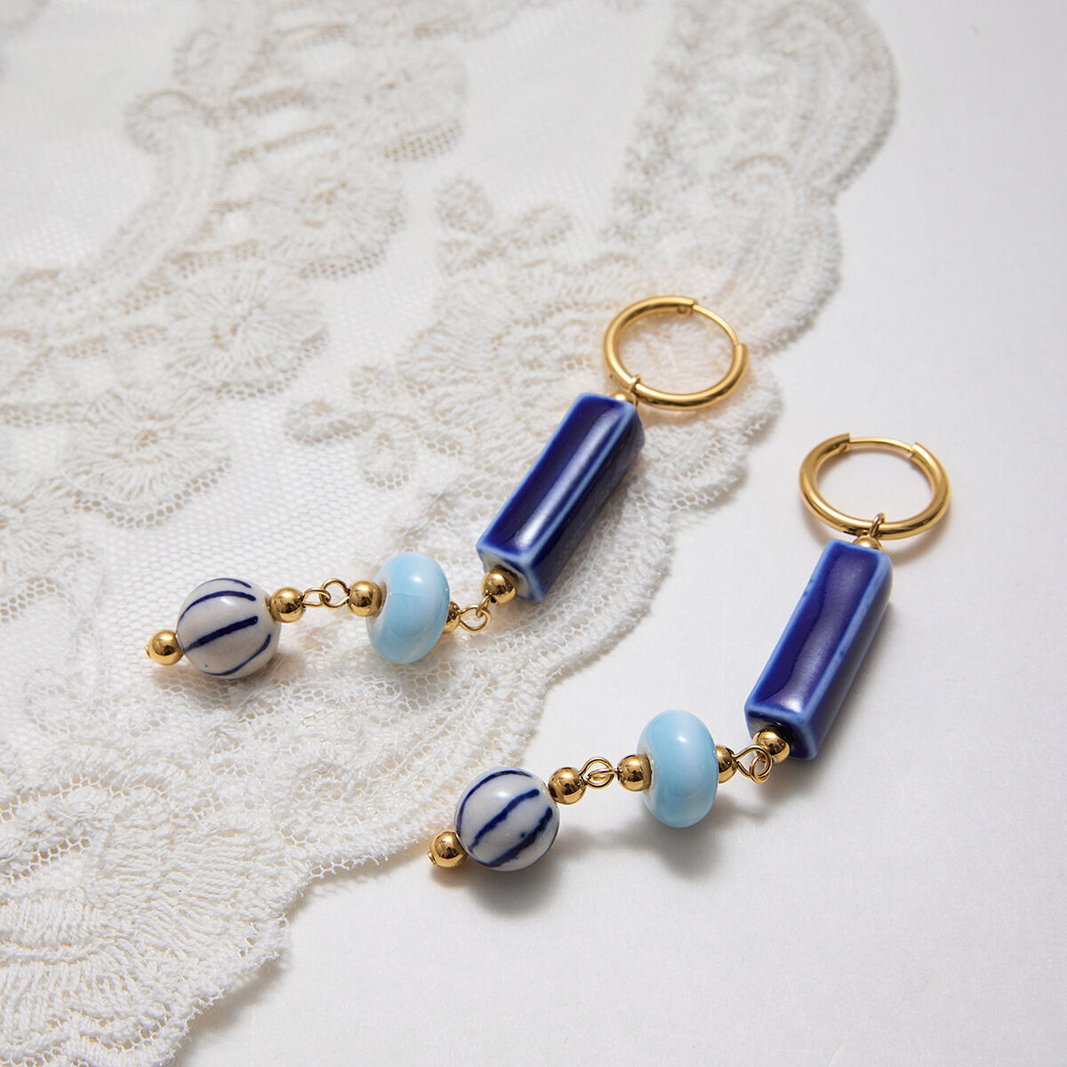 1 Pair Handcrafted Blue Ceramic Stainless Steel Waterproof Gold Color Women's Beads Earrings thumbnail 5
