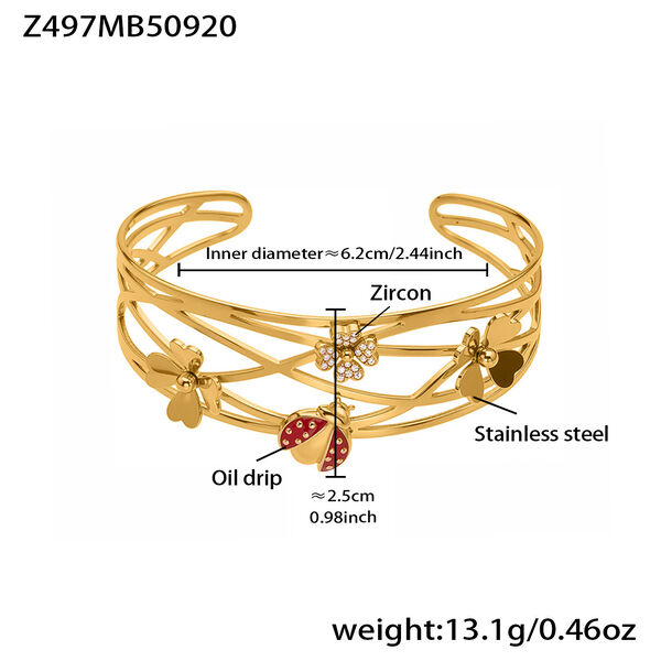 1 Piece Luxurious Ladybird Stainless Steel Waterproof Gold Color Zircon Women's Cuff Bracelets - 1