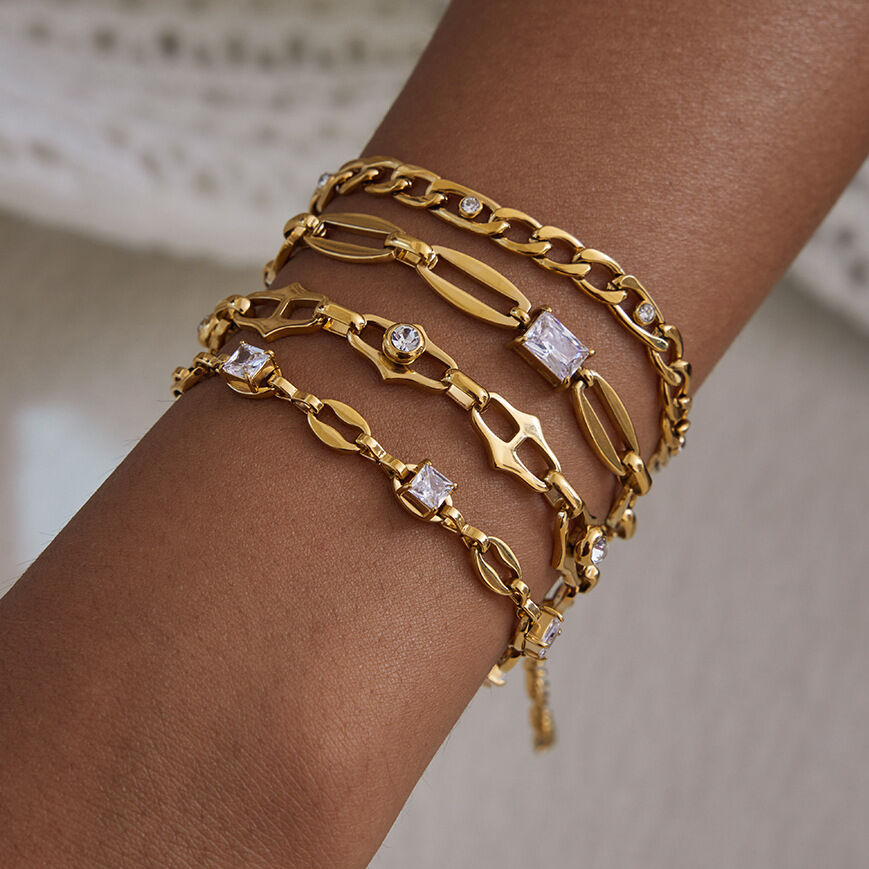 1 Piece Exquisite Chain Stainless Steel Waterproof Gold Color Zircon Women's Chain Bracelets thumbnail 2