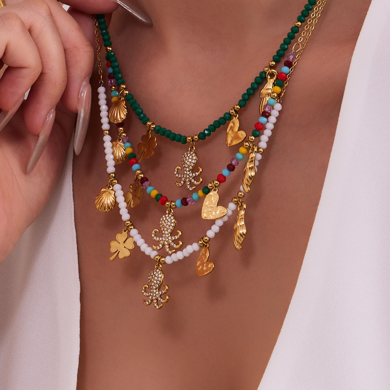 1 Piece Luxurious Octopus Stainless Steel Waterproof Gold Color Natural Stone Zircon Women's Beaded Necklaces thumbnail 3
