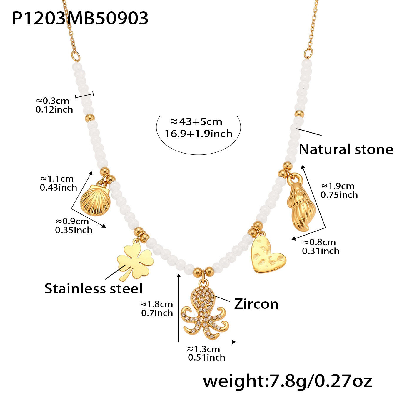 1 Piece Luxurious Octopus Stainless Steel Waterproof Gold Color Natural Stone Zircon Women's Beaded Necklaces thumbnail 1