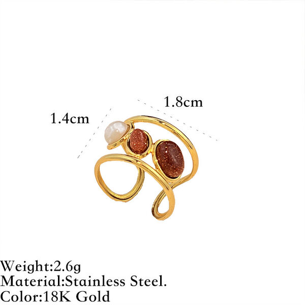 1 Piece Retro Irregular Shape Stainless Steel Waterproof Gold Color Natural Stone Ring - 1