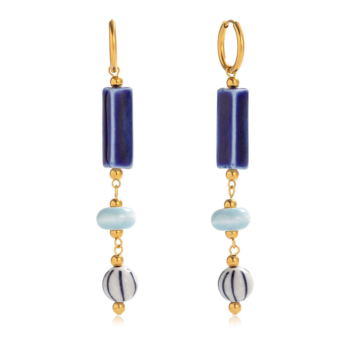 1 Pair Handcrafted Blue Ceramic Stainless Steel Waterproof Gold Color Women's Beads Earrings thumbnail 1