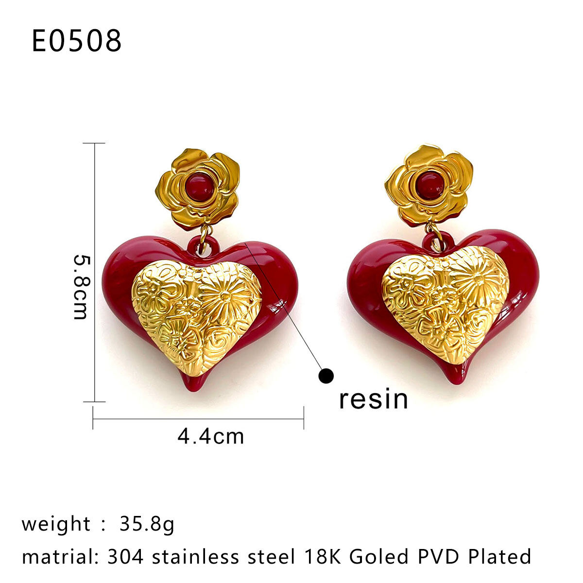 1 Pair Heart Resin Gold Color Drop Earrings thumbnail 2