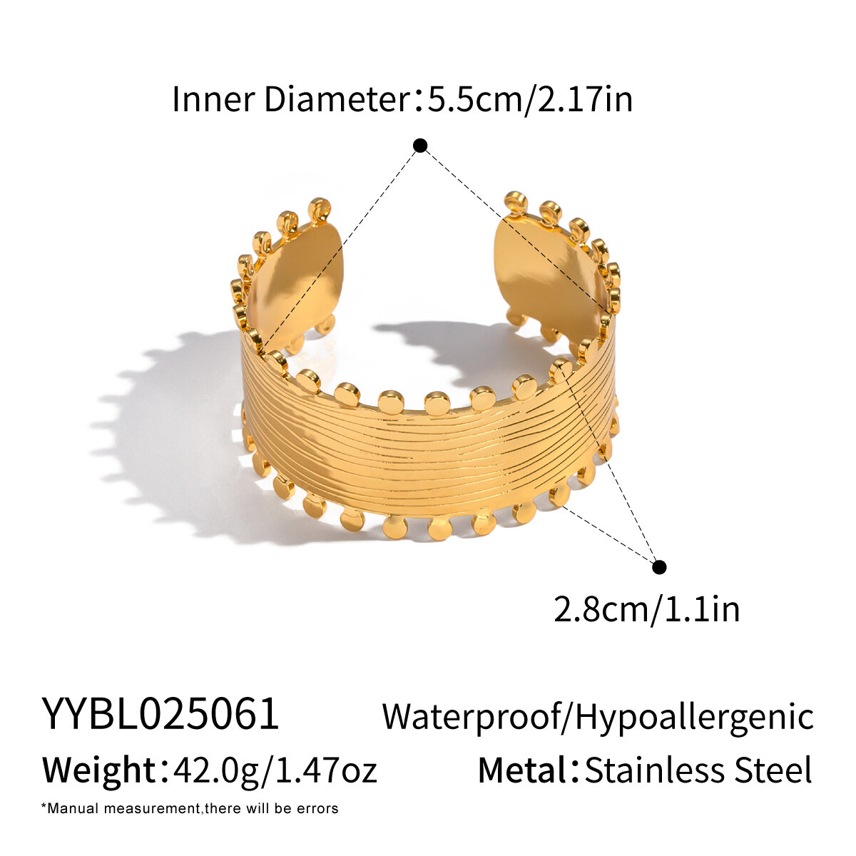 1 Piece Stainless Steel Waterproof Gold Color Cuff Bracelet thumbnail 1