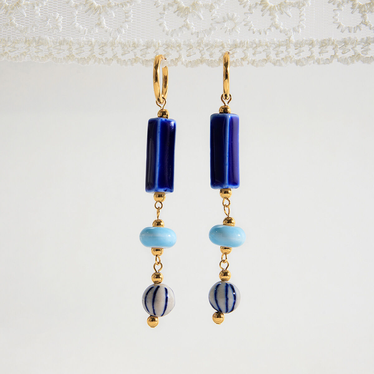 1 Pair Handcrafted Blue Ceramic Stainless Steel Waterproof Gold Color Women's Beads Earrings thumbnail 6