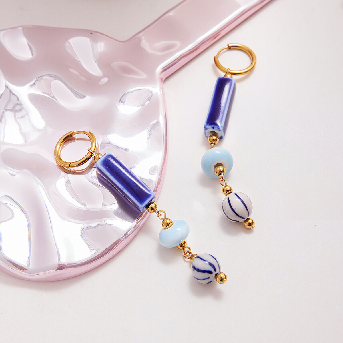 1 Pair Handcrafted Blue Ceramic Stainless Steel Waterproof Gold Color Women's Beads Earrings thumbnail 4
