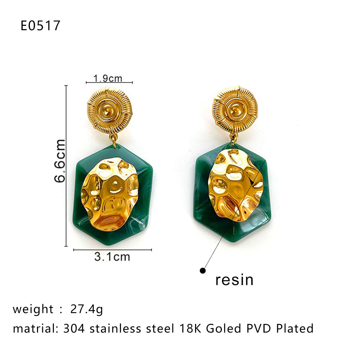 1 Pair Rectangle Resin Gold Color Drop Earrings thumbnail 2