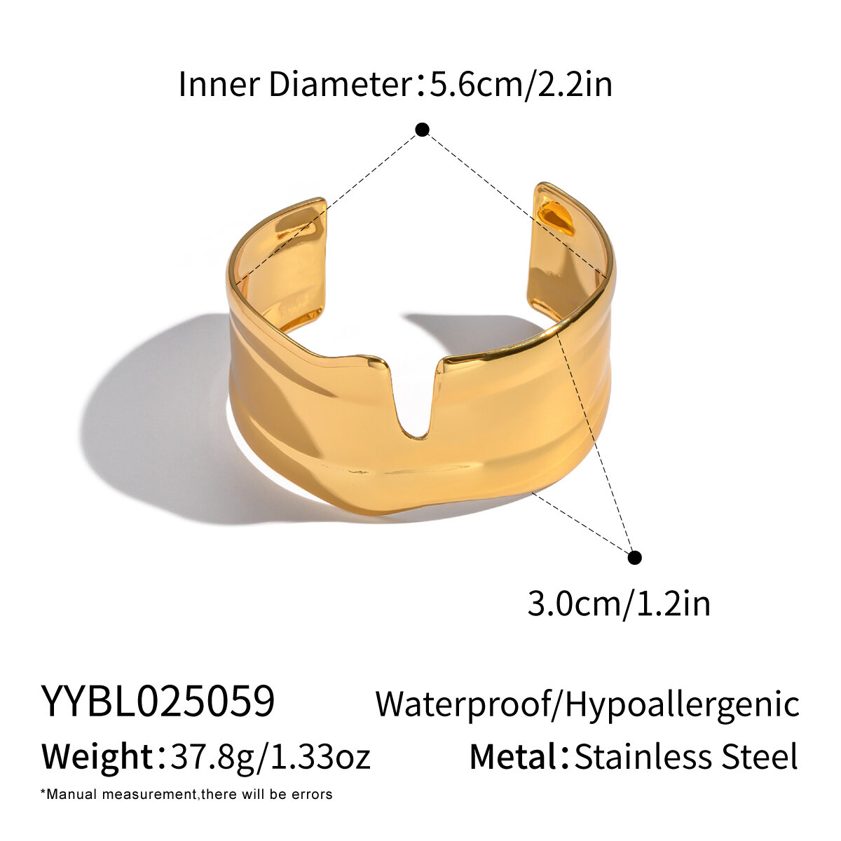 1 Piece Solid Color Stainless Steel Waterproof Gold Color Cuff Bracelet thumbnail 1