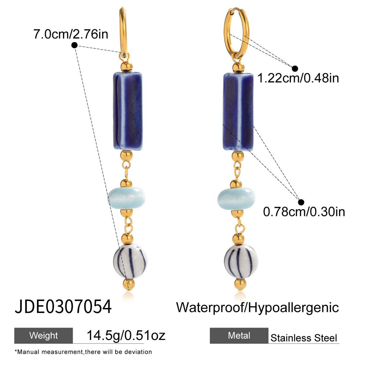 1 Pair Handcrafted Blue Ceramic Stainless Steel Waterproof Gold Color Women's Beads Earrings thumbnail 2