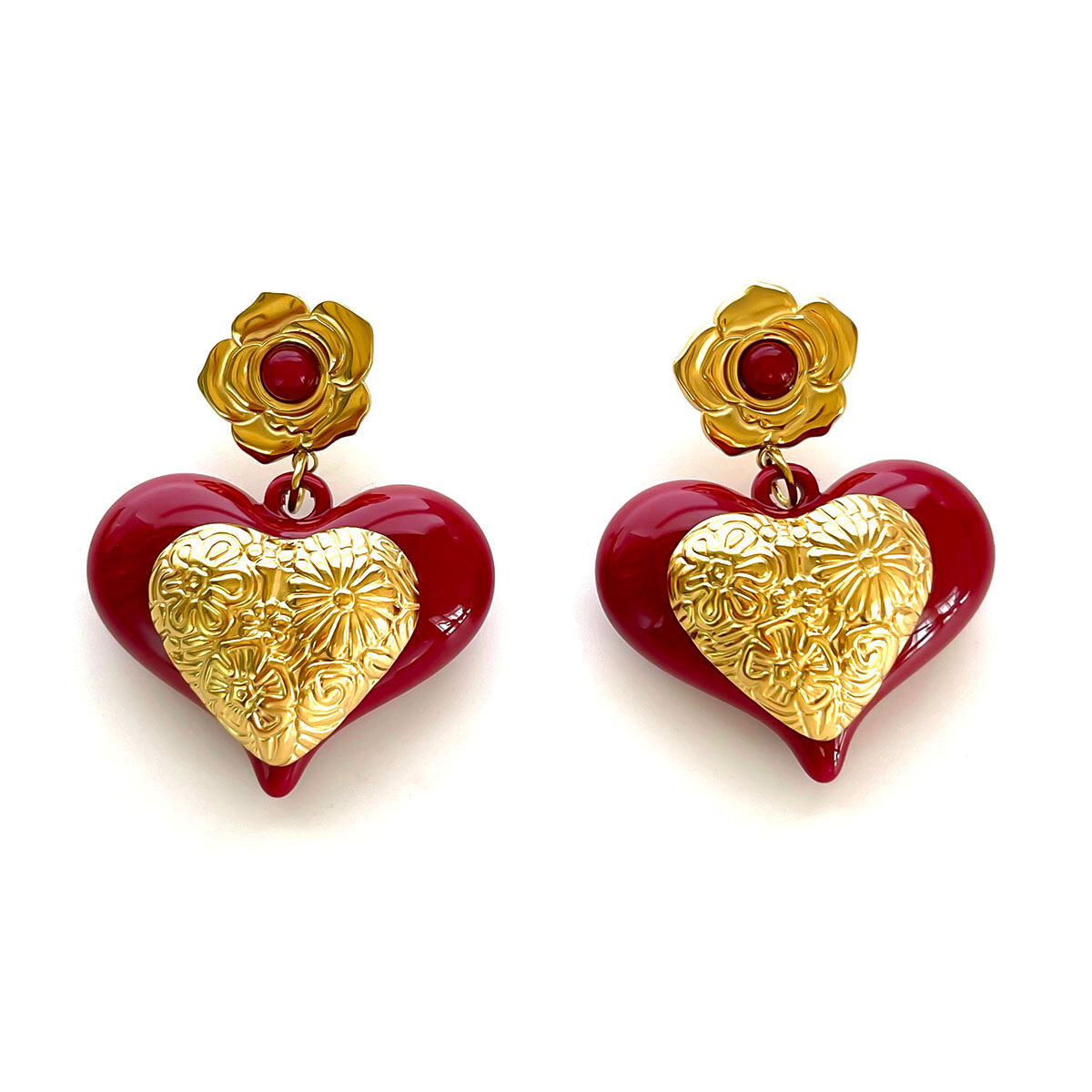 1 Pair Heart Resin Gold Color Drop Earrings thumbnail 1