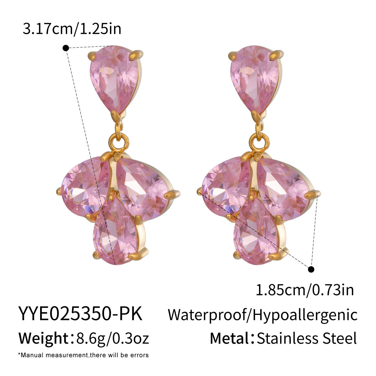 1 Pair Luxurious Series Stainless Steel Waterproof Gold Color  Pink Zircon Party Earrings
