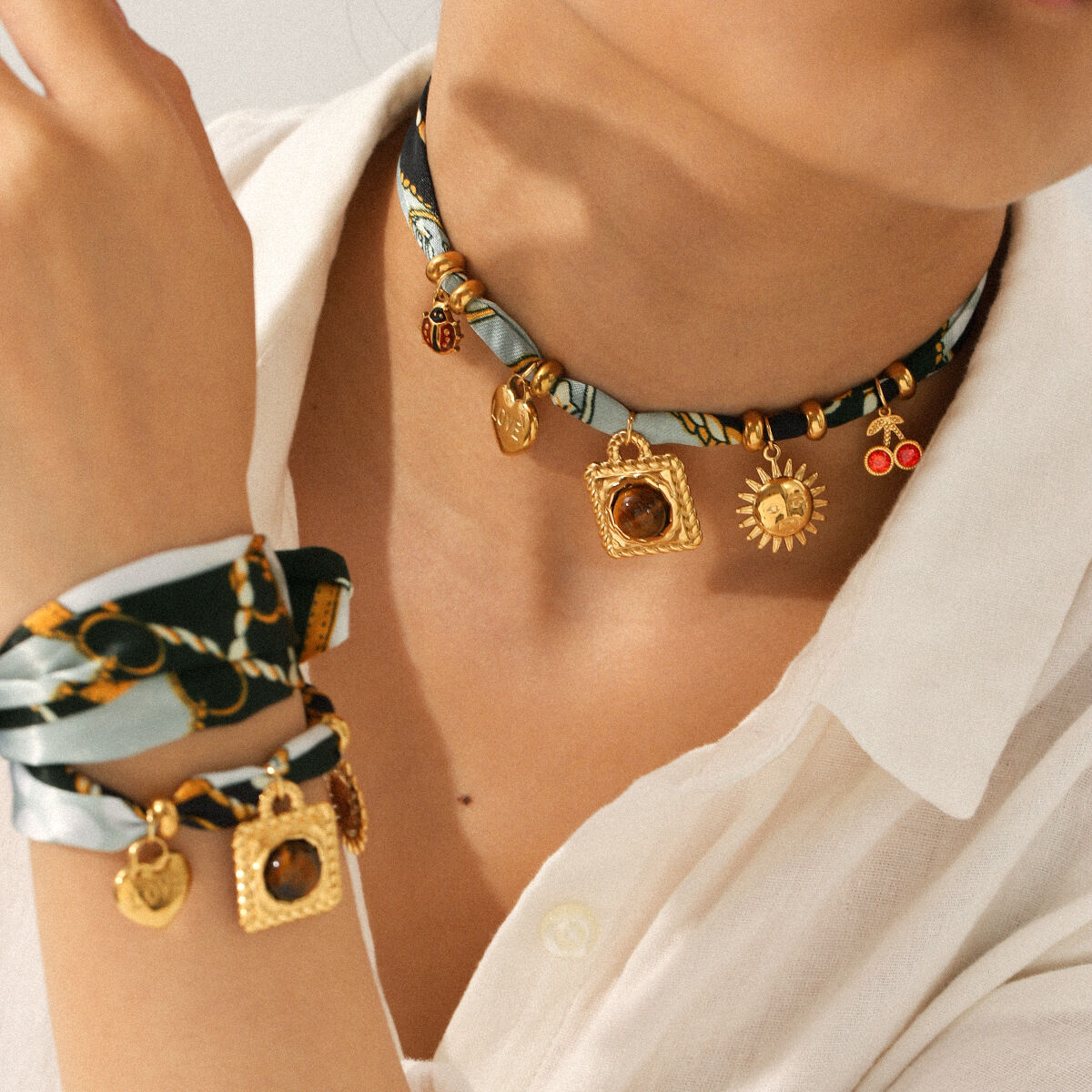 1 Piece Gold Color Natural Stone Fabric Necklaces Set