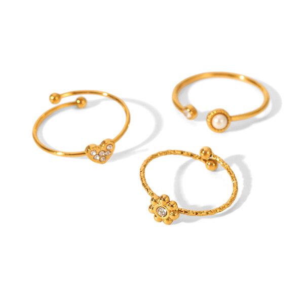 Flower Heart Stainless Steel Waterproof Gold Color Zircon Rings Set - 1