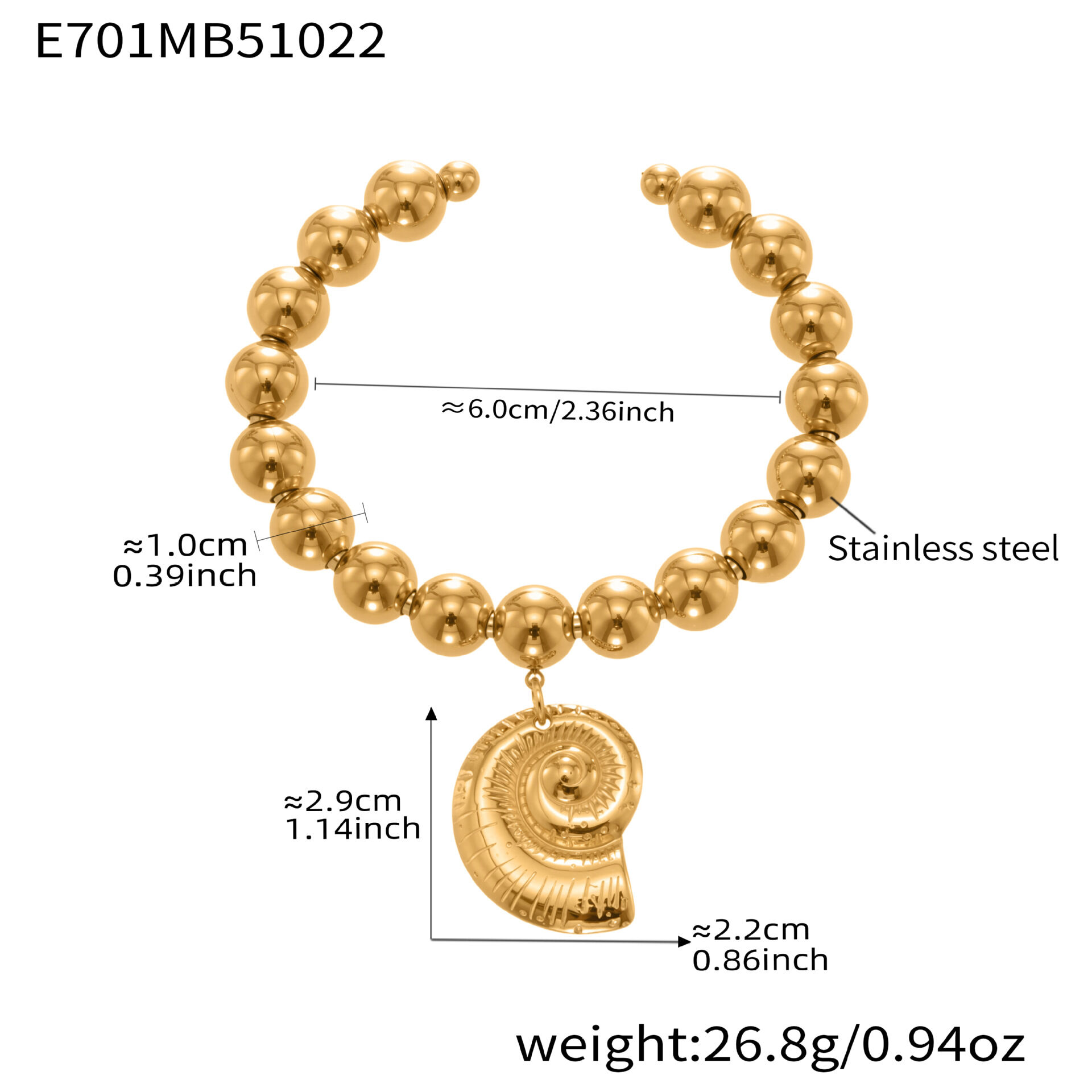 1 Piece Solid Color Heart Beads Shell Stainless Steel Waterproof Gold Color Women's Cuff Bracelets thumbnail 1